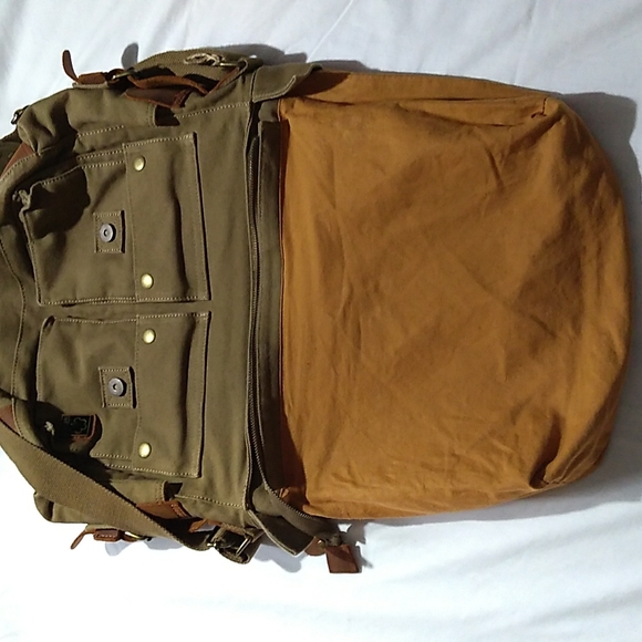 NEW S.C.Cotton Super Spacious Army Green Tan Canvas Leather Trim Messenger Bag - Picture 14 of 16